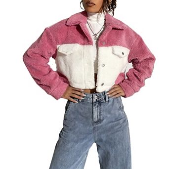 Women's Cropped Color Block Faux Fur Jacket - Collared Button Coat for Casual Winter