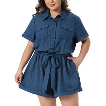 Women's Plus Size Jumpsuits Button Down Roll Short Sleeve Belted 1 pc Short Rompers with Pockets