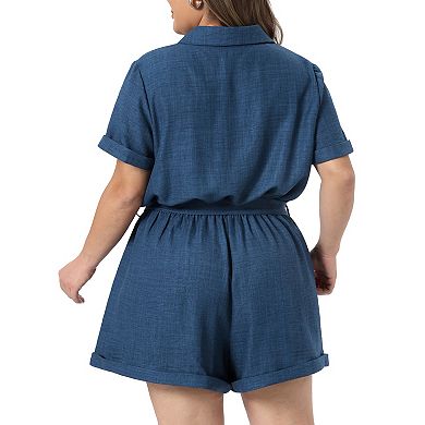 Women's Plus Size Jumpsuits Button Down Roll Short Sleeve Belted 1 Piece Short Rompers with Pockets