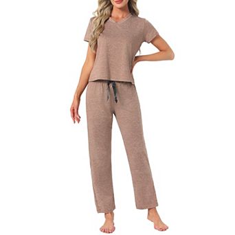 Women's Pajamas Set Short Sleeve V Neck Pullover Top with Pants Soft Knit Sleepwear Lounge Set