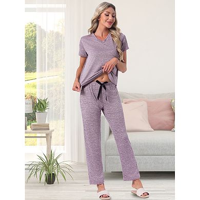 Women's Pajamas Set Short Sleeve V Neck Pullover Top with Pants Soft Knit Sleepwear Lounge Set