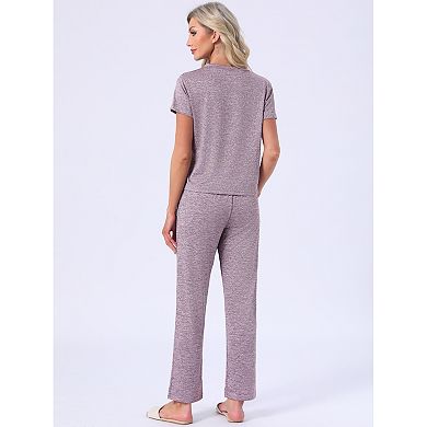 Women's Pajamas Set Short Sleeve V Neck Pullover Top with Pants Soft Knit Sleepwear Lounge Set