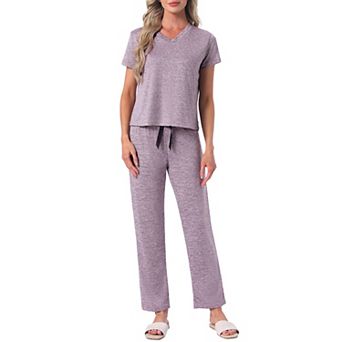 Women's Pajamas Set Short Sleeve V Neck Pullover Top with Pants Soft Knit Sleepwear Lounge Set