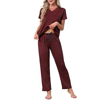 Women's Pajamas Set Short Sleeve V Neck Pullover Top with Pants Soft Knit Sleepwear Lounge Set