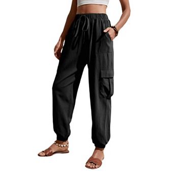 Womens High Elastic Waist Tie Front Jogger Cargo Pants Wide Leg Casual Long Trousers with Pockets