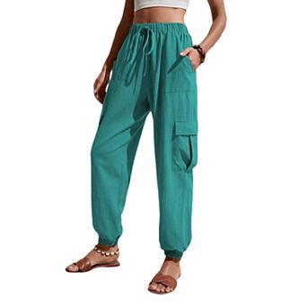 Womens High Elastic Waist Tie Front Jogger Cargo Pants Wide Leg Casual Long Trousers with Pockets