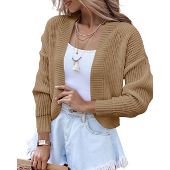 Women's Long Sleeve Open Front Knit Cropped Cardigan Sweaters Drop Shoulder Sweater Coats