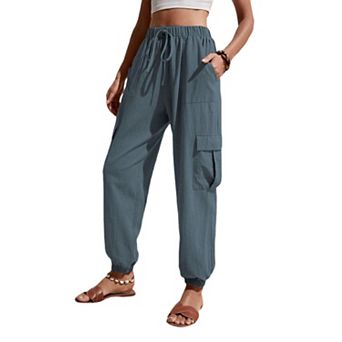 Womens High Elastic Waist Tie Front Jogger Cargo Pants Wide Leg Casual Long Trousers with Pockets