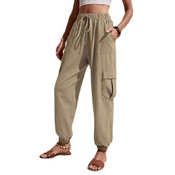 Womens High Elastic Waist Tie Front Jogger Cargo Pants Wide Leg Casual Long Trousers with Pockets