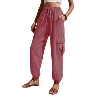 Womens High Elastic Waist Tie Front Jogger Cargo Pants Wide Leg Casual Long Trousers with Pockets
