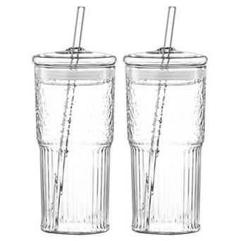 2 pack Glass Straw Cup with Lid Vertical Pattern Heat Resistant Borosilicate
