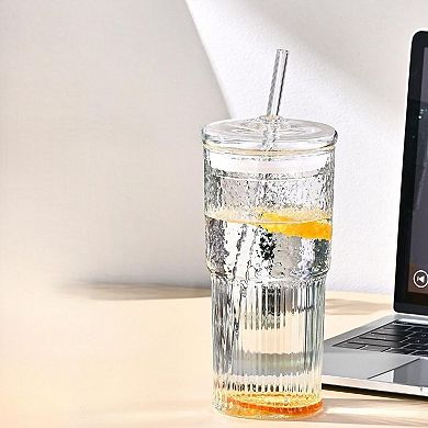 2 pack Glass Straw Cup with Lid Vertical Pattern Heat Resistant Borosilicate