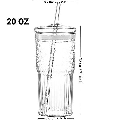 2 pack Glass Straw Cup with Lid Vertical Pattern Heat Resistant Borosilicate