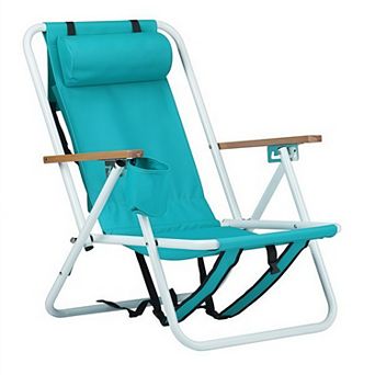 Folding Beach Chair 4 Position Portable Backpack Chair with Headrest Cup Holder Wooden Armrests