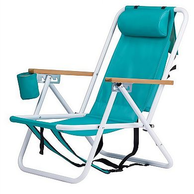 Folding Beach Chair 4 Position Portable Backpack Chair with Headrest Cup Holder Wooden Armrests