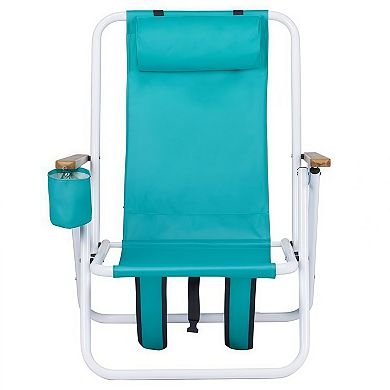 Folding Beach Chair 4 Position Portable Backpack Chair with Headrest Cup Holder Wooden Armrests