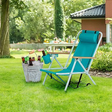 Folding Beach Chair 4 Position Portable Backpack Chair with Headrest Cup Holder Wooden Armrests