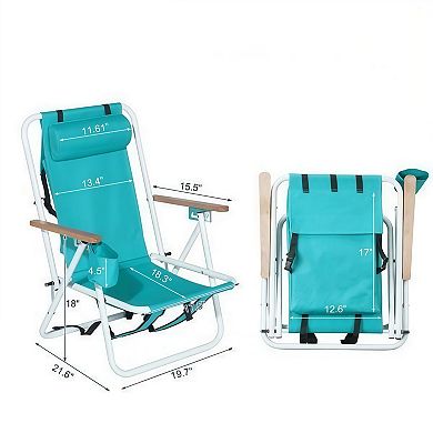 Folding Beach Chair 4 Position Portable Backpack Chair with Headrest Cup Holder Wooden Armrests
