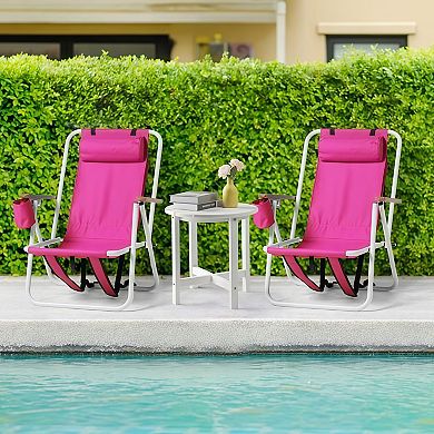 Folding Beach Chair Set of 2 Backpack Portable 4 Position with Headrest Cup Holder Wooden Armrests