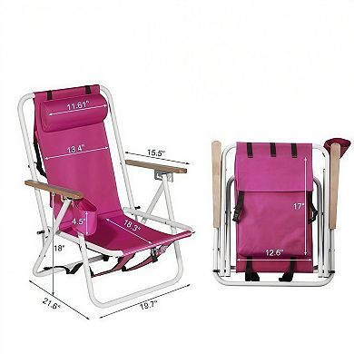 Folding Beach Chair Set of 2 Backpack Portable 4 Position with Headrest Cup Holder Wooden Armrests