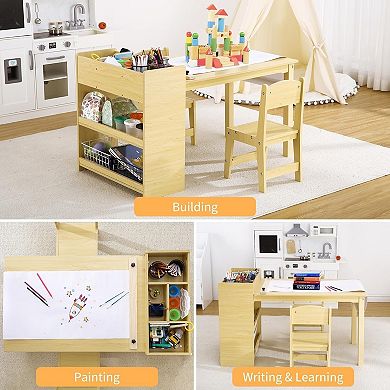 Kids Desk and Chair Set, Wooden Study Table with Adjustable Tilt Desktop, Drawers