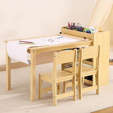 Kids Desk and Chair Set, Wooden Study Table with Adjustable Tilt Desktop, Drawers