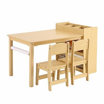 Kids Desk and Chair Set, Wooden Study Table with Adjustable Tilt Desktop, Drawers