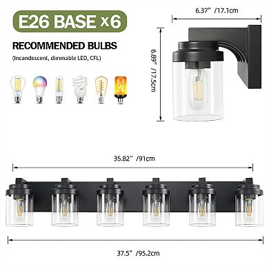 37.5 in. 6-Light Matte Black Wall Sconce with Clear Glass Shade