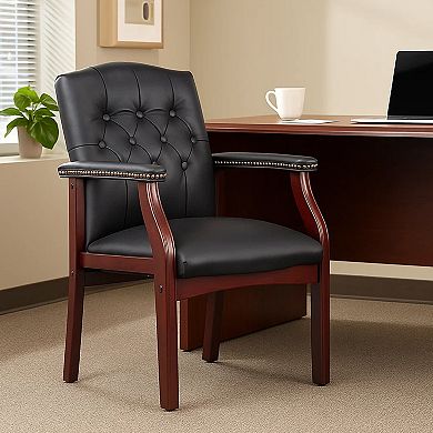 Koe Classic Reception Guest Armchair, Vinyl Tufted Back, Wood Legs
