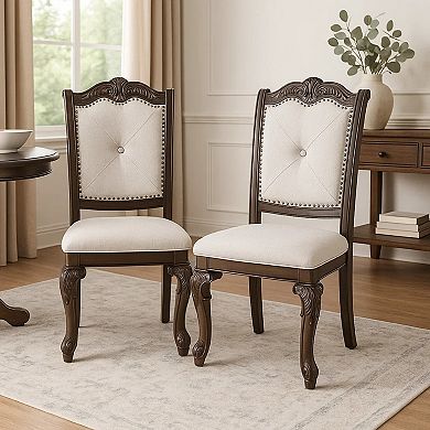 Cary Side Dining Chair Set of 2, Beige Linen, Scrolled Coffee Brown Wood