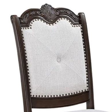Cary Side Dining Chair Set of 2, Beige Linen, Scrolled Coffee Brown Wood
