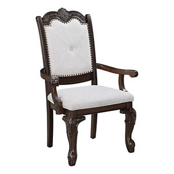 Cary Dining Armchair Set of 2, Beige Linen, Scrolled Coffee Brown Wood