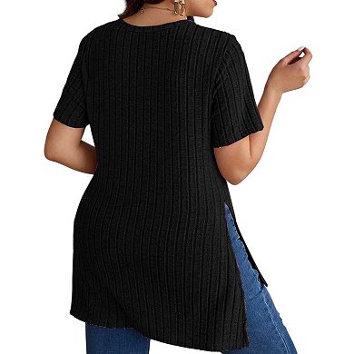 Women's Plus Size Tops Crew Neck Short Sleeve Split Hem Tee Shirts Casual Ribbed Knit Blouses