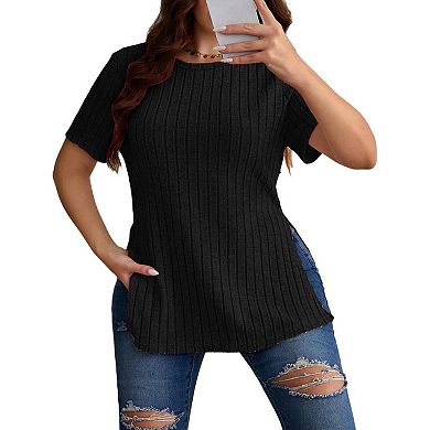 Women's Plus Size Tops Crew Neck Short Sleeve Split Hem Tee Shirts Casual Ribbed Knit Blouses