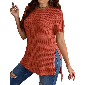 Women's Plus Size Tops Crew Neck Short Sleeve Split Hem Tee Shirts Casual Ribbed Knit Blouses