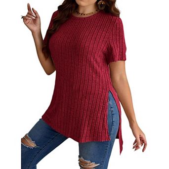 Women's Plus Size Tops Crew Neck Short Sleeve Split Hem Tee Shirts Casual Ribbed Knit Blouses