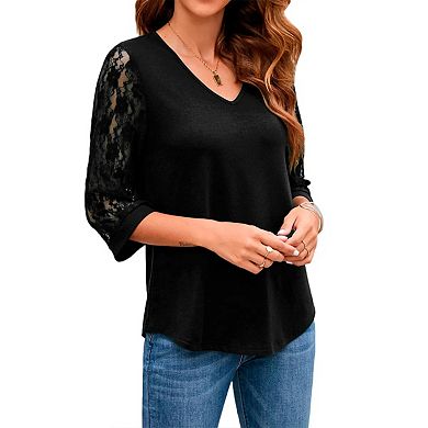 Women's Elegant V Neck 3/4 Sleeve Chiffon Blouses Tops Business Casual Work Office Shirts