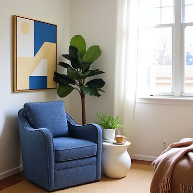 Blue Swivel Accent Chair, Oversized Wide Swivel Armchair with Solid Wood Base