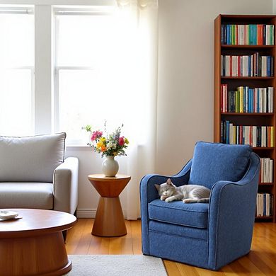 Blue Swivel Accent Chair, Oversized Wide Swivel Armchair with Solid Wood Base
