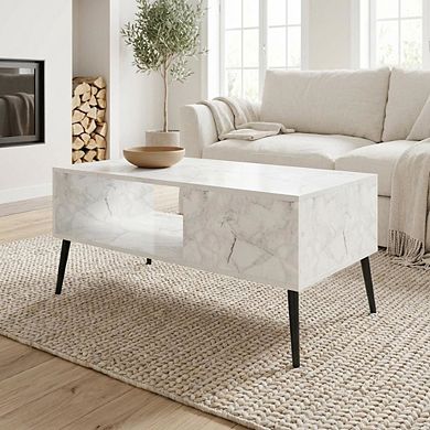 FurniFact Marble Coffee Table with Wood Legs Mid Century Style Design