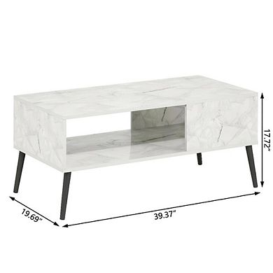 FurniFact Marble Coffee Table with Wood Legs Mid Century Style Design