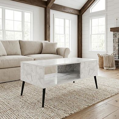 FurniFact Marble Coffee Table with Wood Legs Mid Century Style Design
