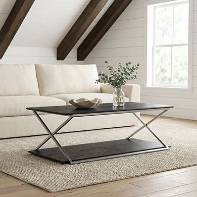 Black Veneer Coffee Table with Brushed Stainless Steel Frame and Sturdy Design