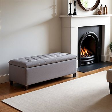 Gray Storage Bench with Soft Close, Tufted Top, Hardwood Frame, Birch Legs