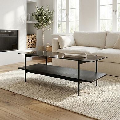 Starlight Canyon Home Glass Coffee Table with Iron Frame and Veneer Top for Living Room