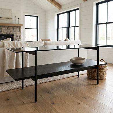 Starlight Canyon Home Glass Coffee Table with Iron Frame and Veneer Top for Living Room