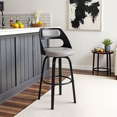 Swivel Bar Stool with Gray Faux Leather Seat and Black Wood Frame