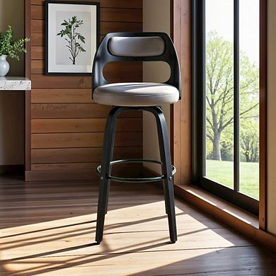 Swivel Bar Stool with Gray Faux Leather Seat and Black Wood Frame