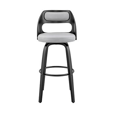 Swivel Bar Stool with Gray Faux Leather Seat and Black Wood Frame