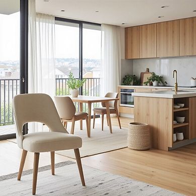 Beige Upholstered Side Chairs with Rubber Wood Legs Set of 2 for Dining